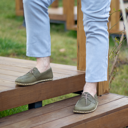 Military Green Men's Leather Earthing Barefoot Shoes