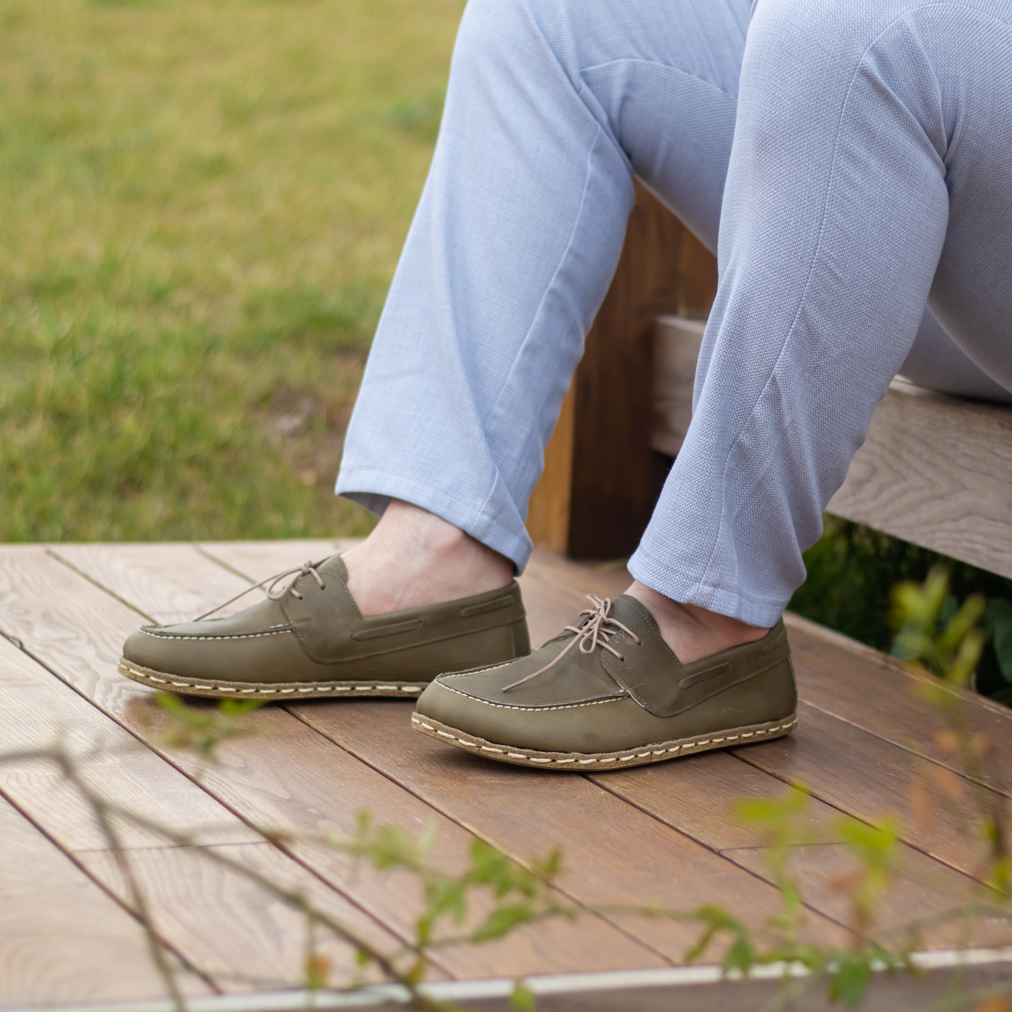 Military Green Men's Leather Earthing Barefoot Shoes