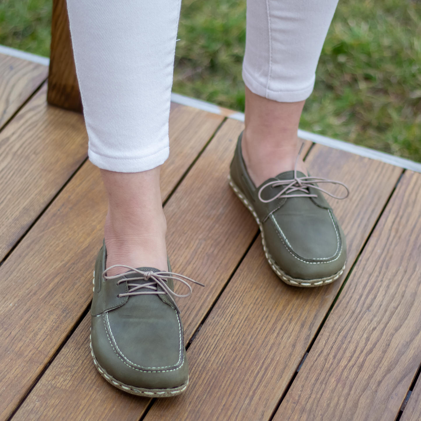 Military Green Women's Leather Earthing Barefoot Shoes