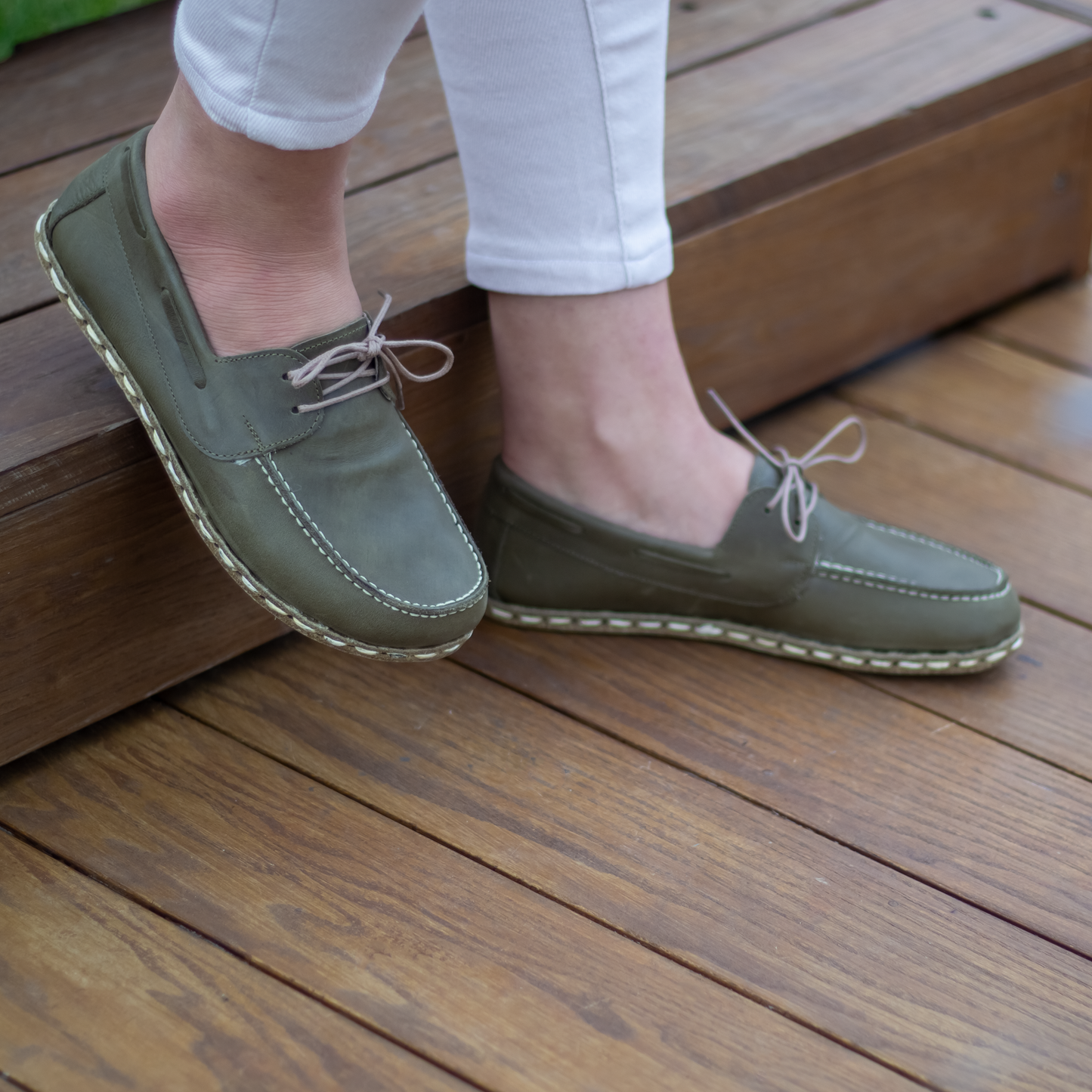 Military Green Women's Leather Earthing Barefoot Shoes