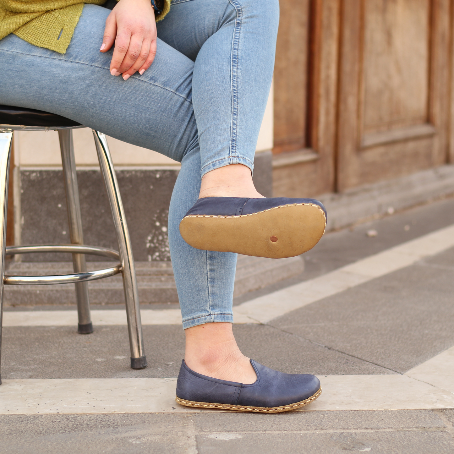 Navy Blue Barefoot Leather Shoes Flat for Women