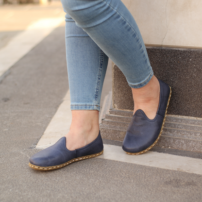 Navy Blue Barefoot Leather Shoes Flat for Women