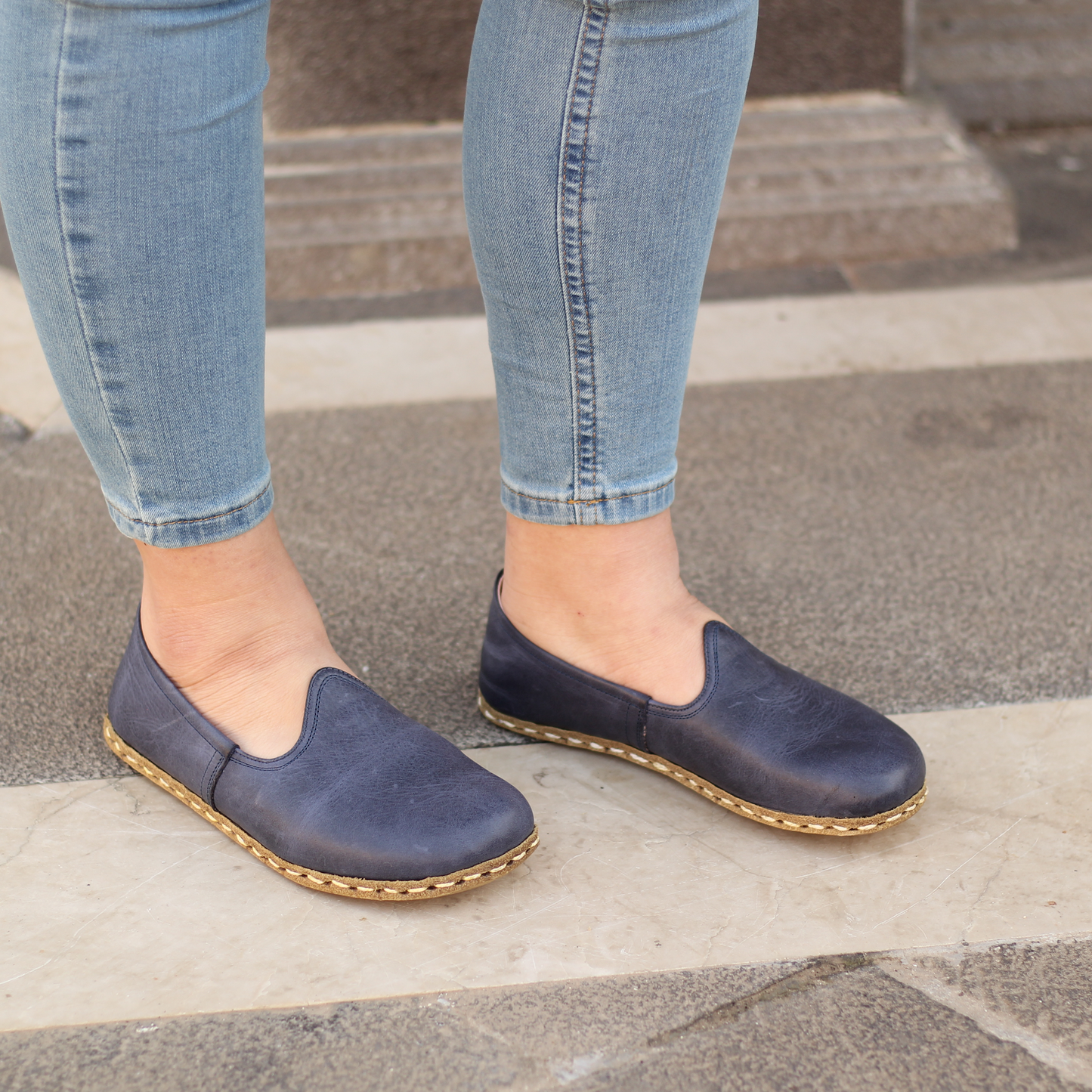 Navy Blue Barefoot Leather Shoes Flat for Women