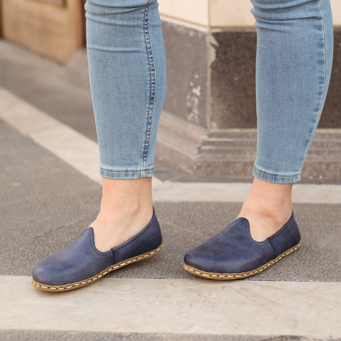 Navy Blue Barefoot Leather Shoes Flat for Women