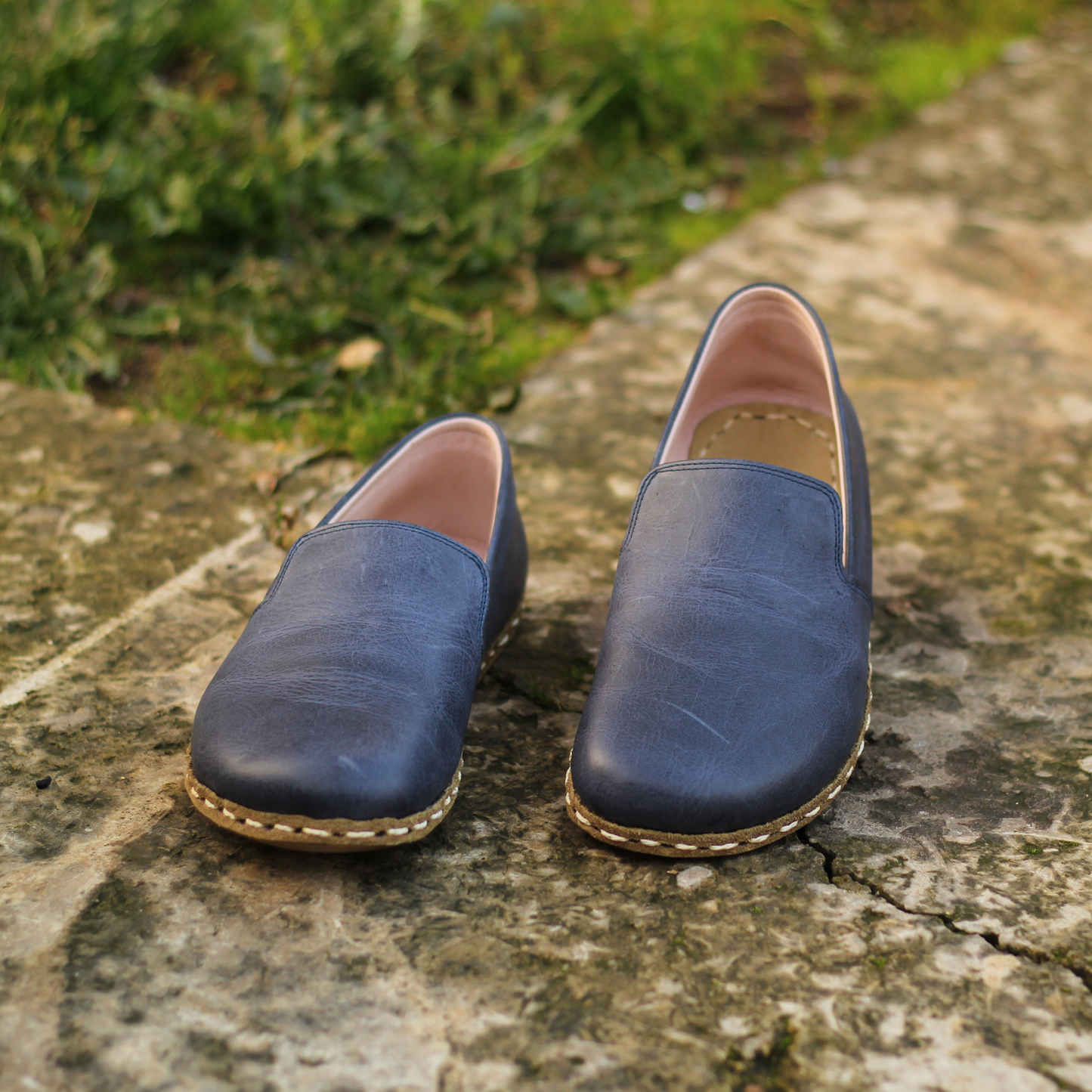 Navy Blue Leather Handmade Barefoot Men's Loafer Shoes