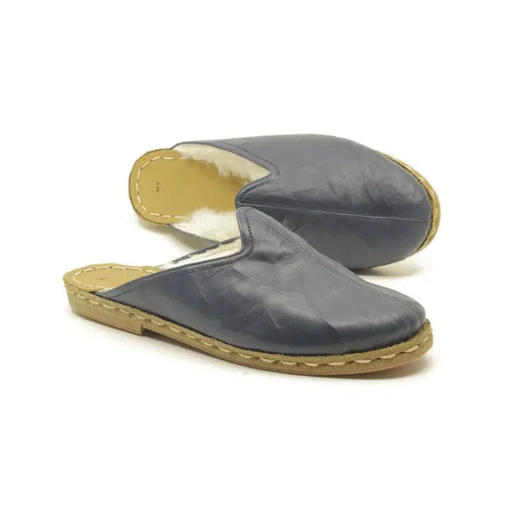 Sheepskin Furry Navy Blue Men's Slippers