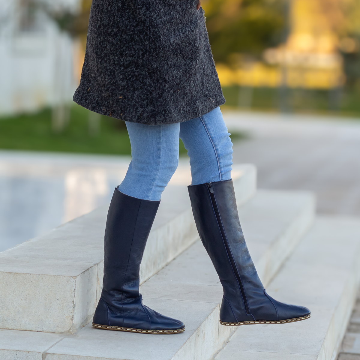 Navy Blue Women's Leather Barefoot Earthing Long Boots