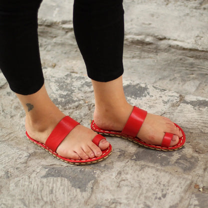 One-toe Leather Slipper for Women- Red