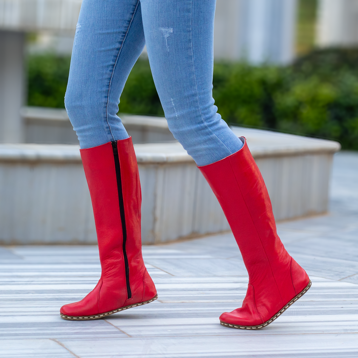 Red Women's Leather Barefoot Earthing Long Boots