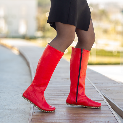 Red Women's Leather Barefoot Earthing Long Boots