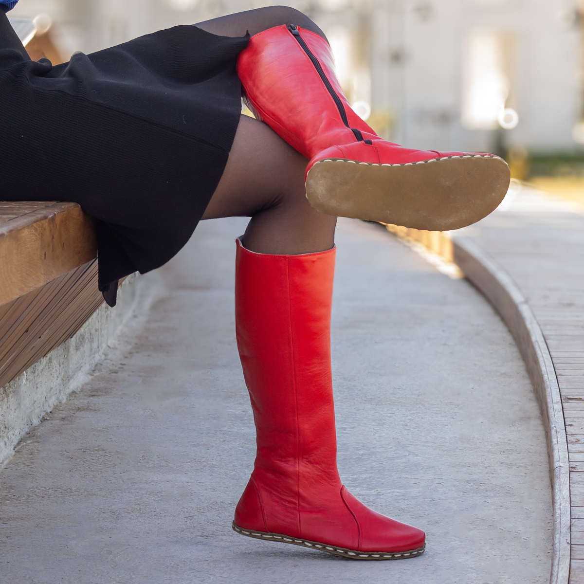 Red Women's Leather Barefoot Earthing Long Boots