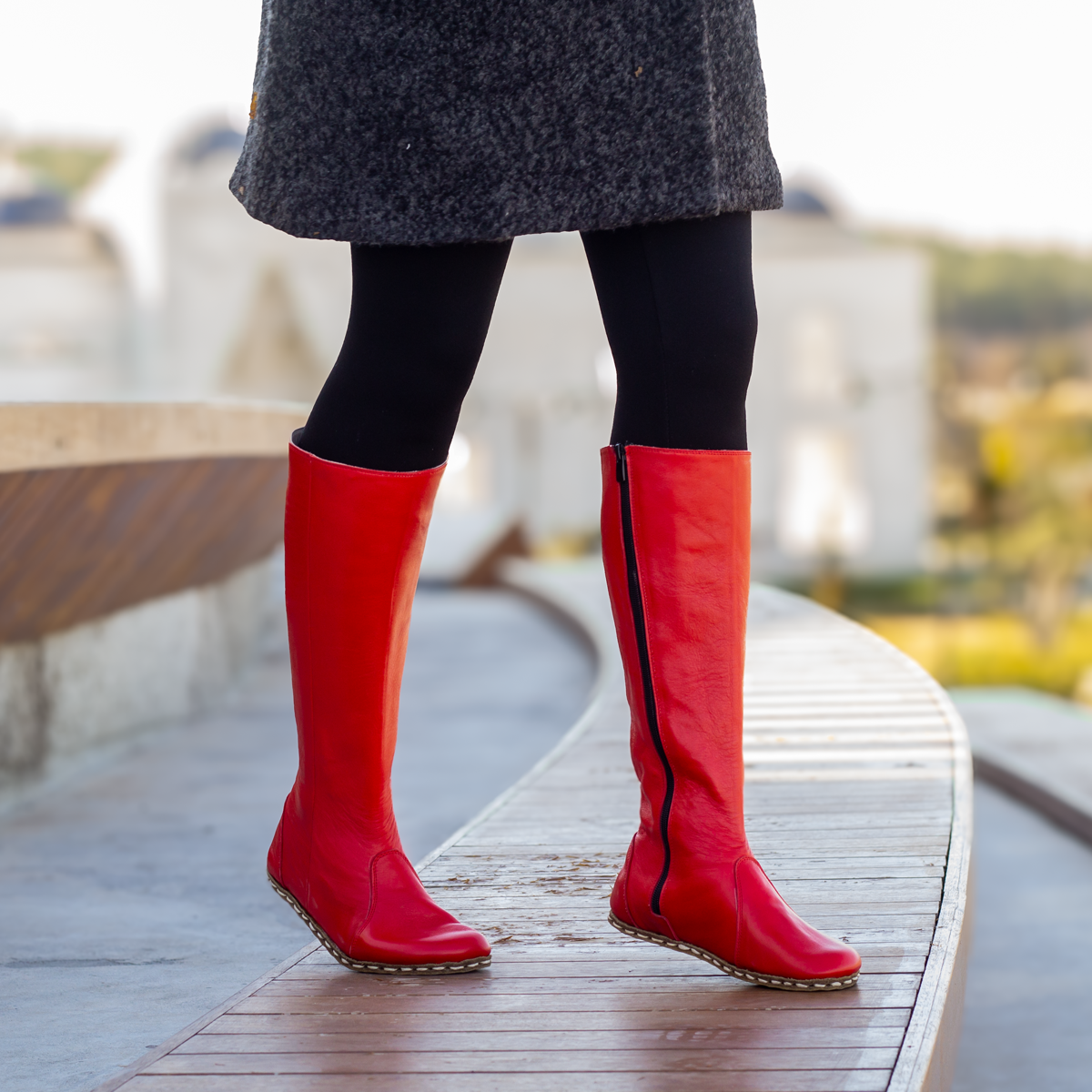 Red Women's Leather Barefoot Earthing Long Boots