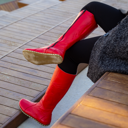 Red Women's Leather Barefoot Earthing Long Boots