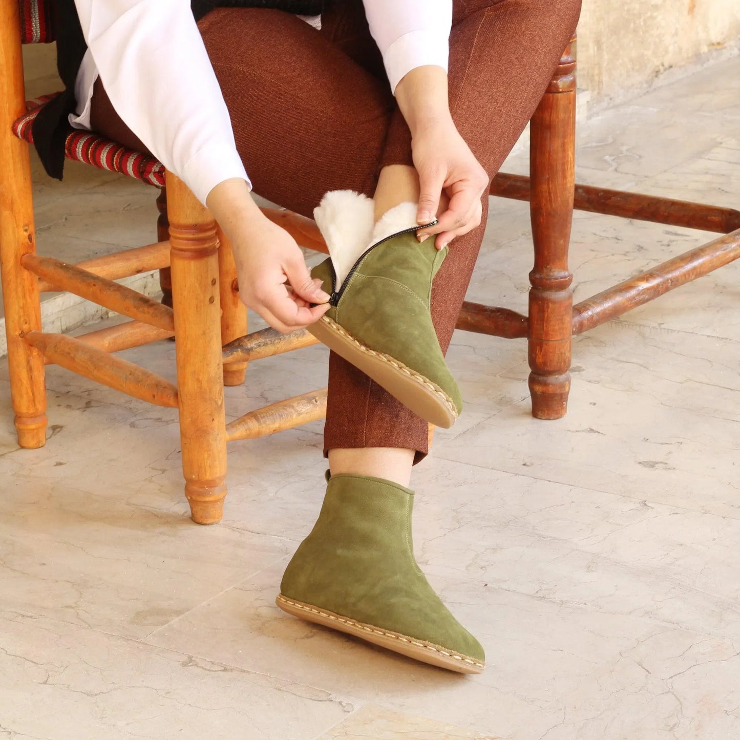 Shearling Ankle Boots Green for Women