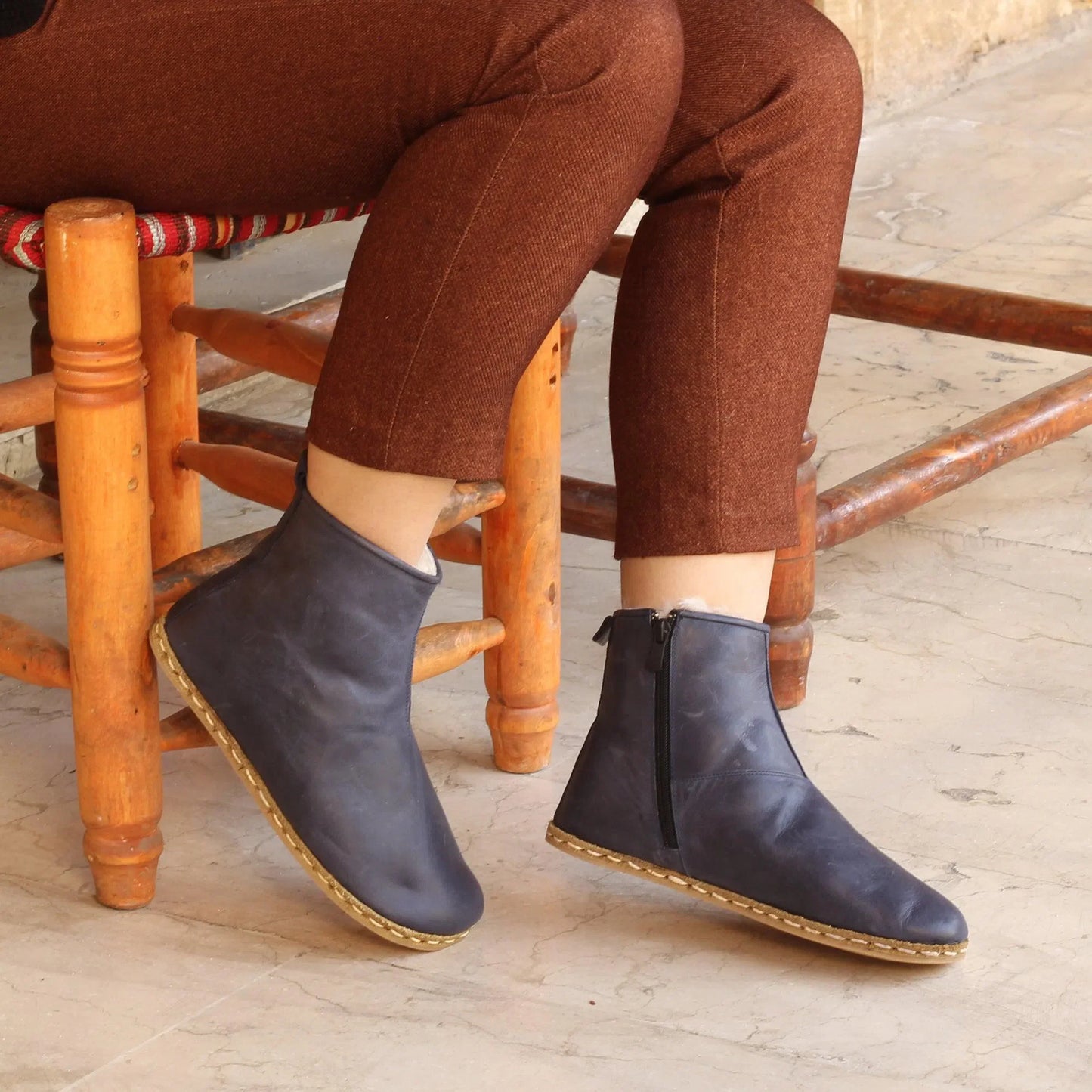 Shearling Ankle Boots Navy Blue for Women