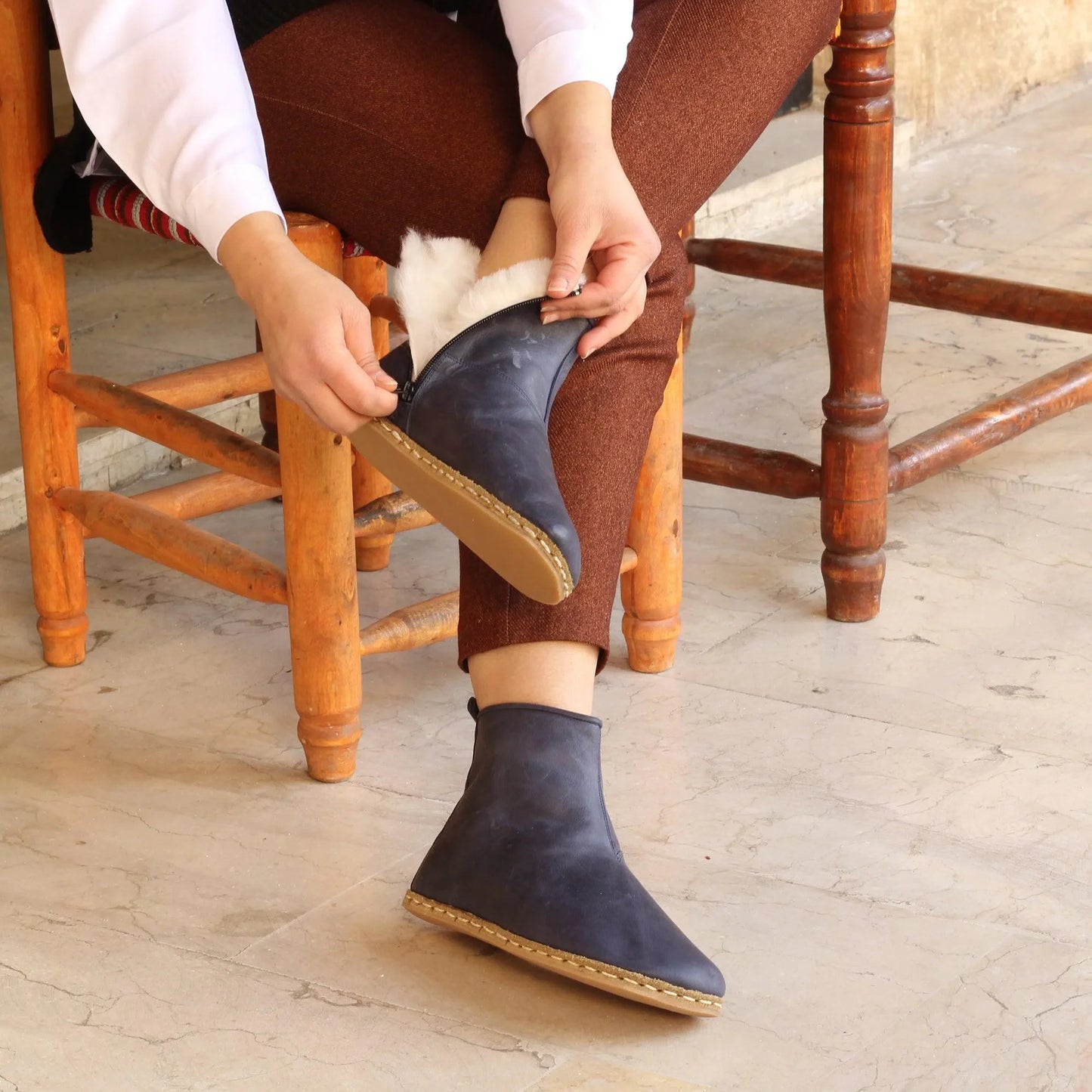 Shearling Ankle Boots Navy Blue for Women