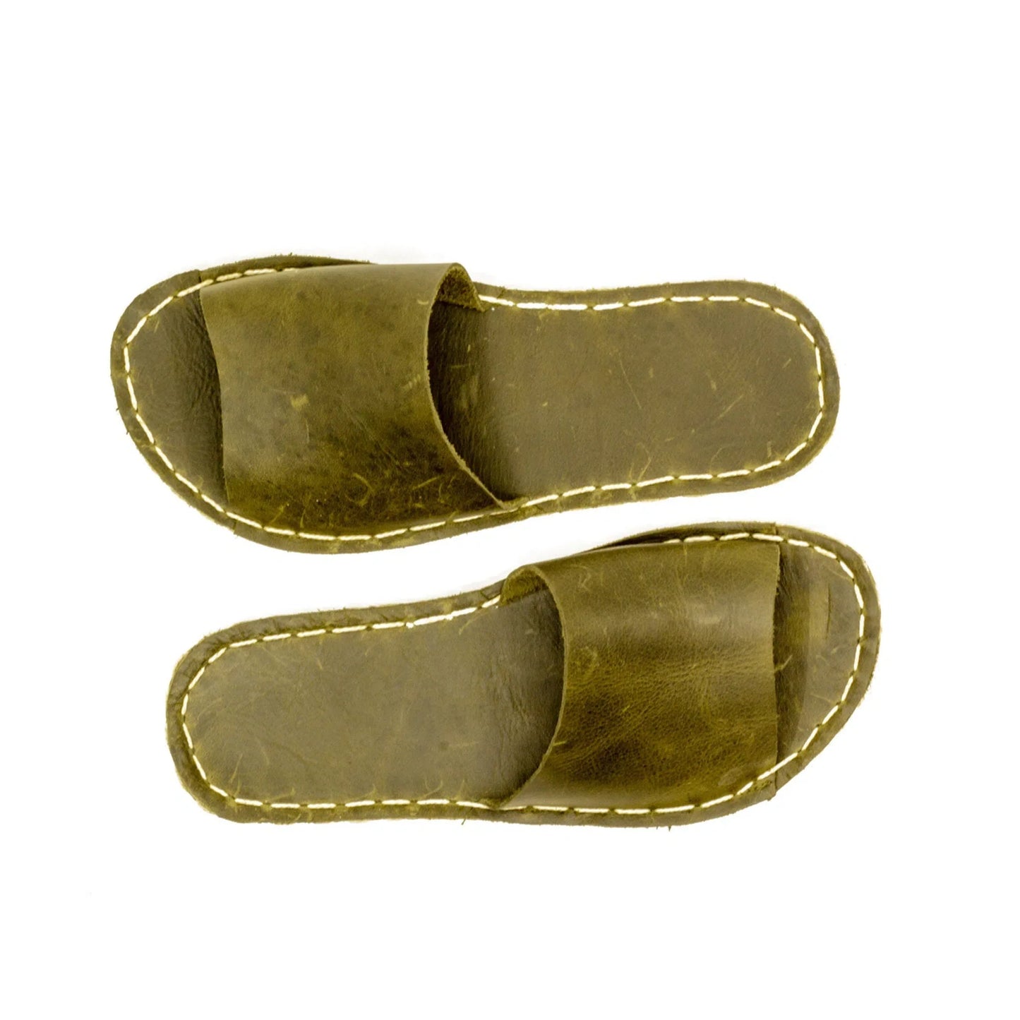 Tape Handmade Olive Green Leather Slippers for Men