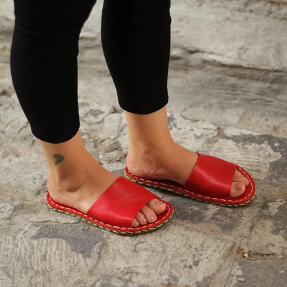 Tape Handmade Red Leather Slippers for Women