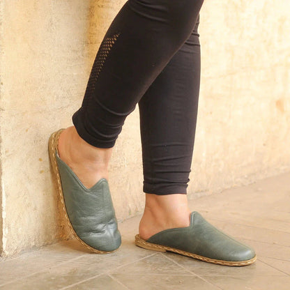 Winter Toledo Green Leather Sheepskin Barefoot Slippers