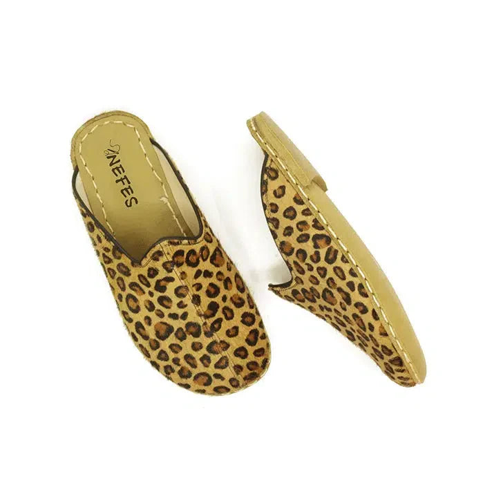 Closed Toe Leather Men's Slippers Yellow Leopard Print